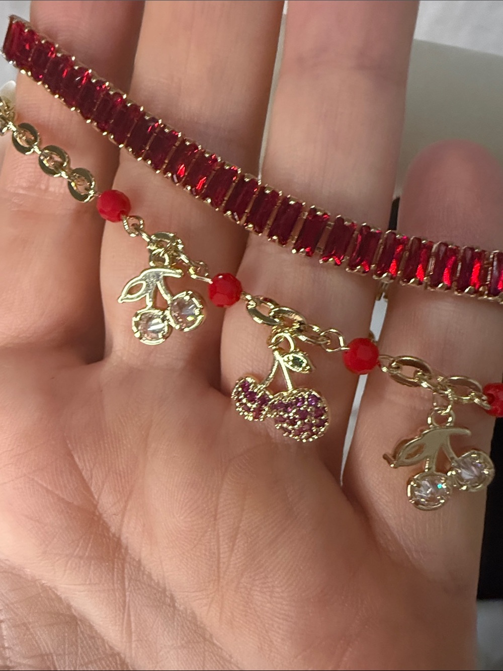 Gold Cherry Charm Bracelet with Red Accents Set